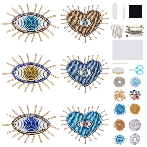 WEBEEDY 6 Stile DIY Eye Perlen Patch Kit Blau Böser Blick Brosche Pin Haar Haarspange Herstellung Kit Handgemachte Pailletten Strass Perlen Stickerei Patches Nähen auf DIY Dekorative Patches für von WEBEEDY