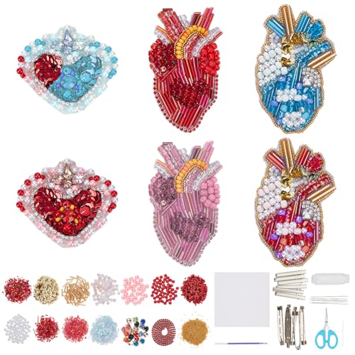 WEBEEDY 6 Stile DIY Herz Perlen Patch Kit Roter Herz Brosche Pin Haarspange Bastelset Handgemachte Pailletten Strass Perlen Stickerei Patches Aufnähen Auf Valentinstagskleidung von WEBEEDY