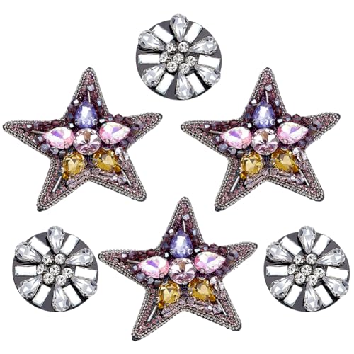 WEBEEDY 6 Stück 2 Stile Stern Kreis Strass Perlen Patches Aufnähen Strass Stern Patches Applikation Stern Kreis Stickerei Patch Abzeichen für DIY Handwerk Glitzer Stern Patches für Kleidung Tasche von WEBEEDY