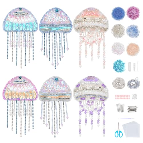 WEBEEDY 6 Styles DIY Quallenperlen Patch Kit Quallen Broschen Pin Haarclip Kit Mit Quaste Handgefertigtes Pailletten Strass Perlenstickerei Näh Patches Für Kleidungsschuhe von WEBEEDY