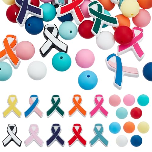 WEBEEDY 70 PCS Awareness Ribbon Silikonperlen 2 Formen Bunte Focal Silikonperlen für Stifte Schlüsselanhänger Machen Cartoon Bulk Silikonperlen für Erwachsene Schmuck Machen DIY Crafts Zubehör von WEBEEDY