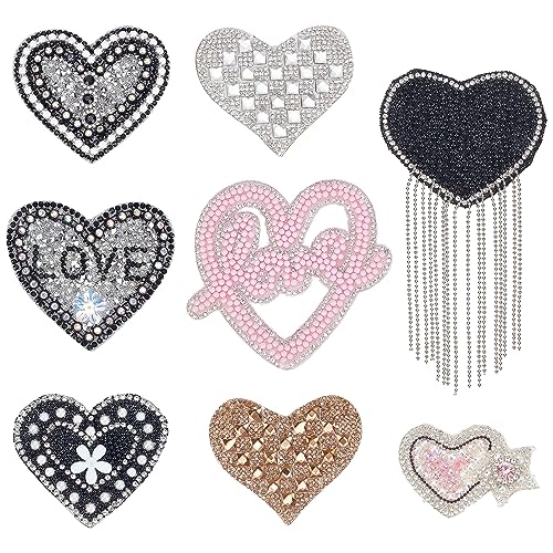 WEBEEDY 8 Stile Handgefertigte Strass Perlen Patches Herz Bügelbild Applikation zum Aufbügeln Herz Aufnäher für Broschen Kleidung Hut Stickerei Abzeichen DIY Artcrafts von WEBEEDY