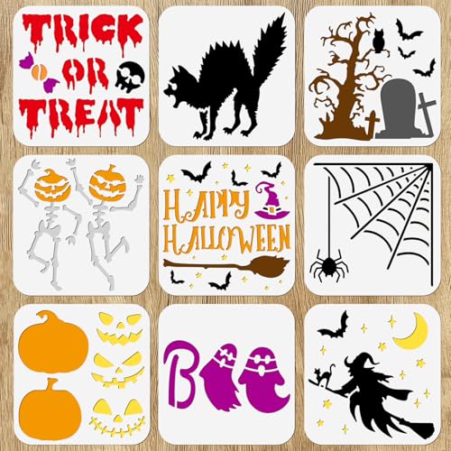 WEBEEDY 9 Stück Happy Halloween Schablonen Wiederverwendbare Kürbisgesicht Fledermaus Hexe Zeichenschablonen Gruselschablonen für DIY Kunst Handwerk Malerei auf Holz Papier Scrapbooking Stoff Wand DIY von WEBEEDY