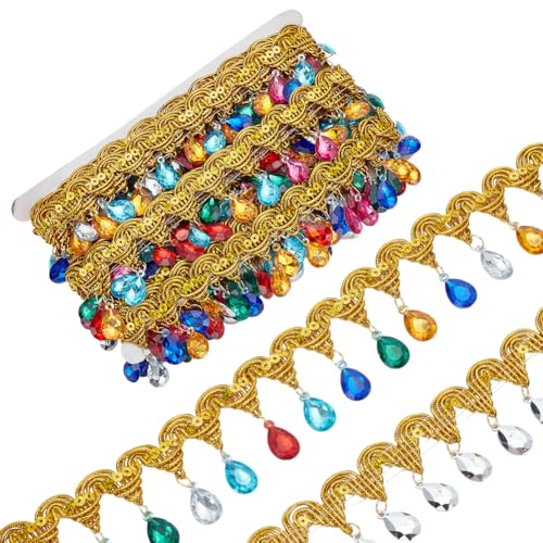 WEBEEDY 9 m Perlenquaste Fransenbesatz Mit Bunten Hängenden Perlen 5cm Breitem Kristall Strass Perlenbesatz Gold Zopfbesatz Aus Polyester Spitzenband Weihnachtsdekoration Für Zuhause von WEBEEDY