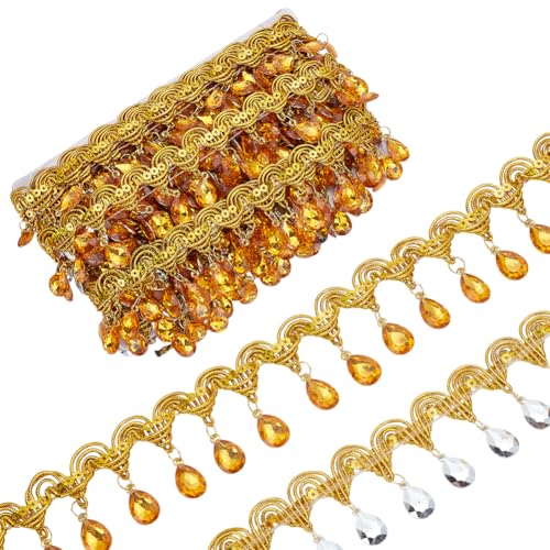 WEBEEDY 9 m Perlenquaste Fransenborte Mit Goldenen Hängenden Perlen 5cm Breit Kristall Strass Perlen Fransenborte Gold Geflochtene Fransenborte Polyester Spitzenband Weihnachtsdekoration Für Zuhause von WEBEEDY