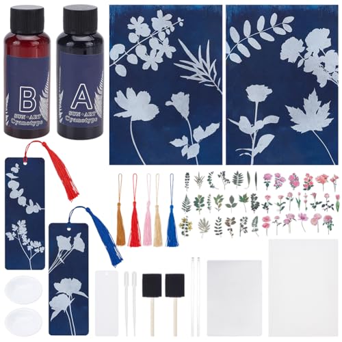 WEBEEDY Cyanotype Paper Leaves Sun Art Paper Kit Complete Nature Sun Printing Kit with Tassel Bookmarks, Solar Art Drawing Paper für Erwachsene Crafts DIY Sun High Sensitive Paper,30 Sheets,22x15.5cm von WEBEEDY