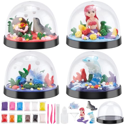 WEBEEDY DIY Meerjungfrau Thema Schneekugeln Kit 4 Sets Machen Sie Ihre eigenen unter dem Meer Wasserkugel Kit mit 4 Tierfiguren, 12 Packungen Modelliermasse für Bildhauerei Kunst und Handwerk von WEBEEDY