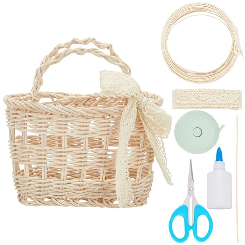 WEBEEDY DIY Rattan Korb Tasche Set Frauen Rattankorb mit Henkel Set Sommer-Reise-Stroh-Strandtaschen Für Frauen Runder Griff Oben Stroh-Handtasche Große Kapazität Toto Retro Rattan-Tragetasche von WEBEEDY