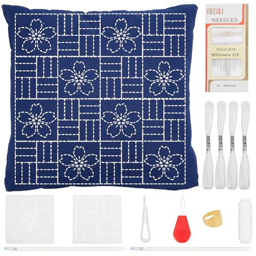 WEBEEDY DIY Sashiko Kissenbezug Vorlagen-Set Für Traditionelles Japanisches Sashiko-Muster Stoff Kissenbezug Stickset Sticken Sashiko Mit Videoanleitung Für Zuhause Sofa Schlafzimmer Dekor, 40x40 cm von WEBEEDY