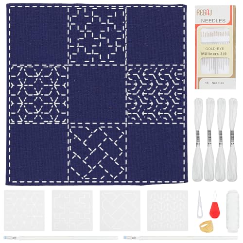 WEBEEDY DIY Sashiko Kit Mit Traditionellem Japanischem Sashiko-Muster Vorlage Dunkelblauer Stoff Stickerei Sashiko Platzsets Tischdecken Nähhandwerk Mit Anleitungen Für Die Dekoration Des Esstisches von WEBEEDY