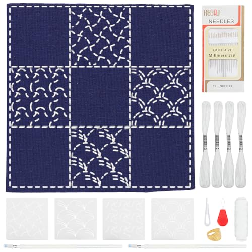 WEBEEDY DIY Sashiko Tischset-Set Mit Traditionellem Japanischem Sashiko-Muster Vorlage Stoff Stickset Sashiko Tischmatten Mit Anleitungen Für Die Dekoration Des Esstisches Zu Hause, Ca.. 50x50 cm von WEBEEDY