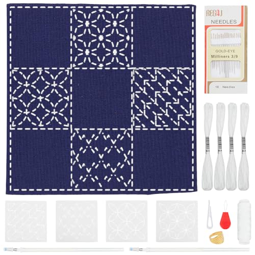 WEBEEDY DIY Sashiko Tischset-Set Mit Traditionellem Japanischem Sashiko-Muster Vorlage Stoff Stickset Sashiko Tischmatten Mit Anleitungen Für Die Dekoration Des Esstisches Zu Hause, Navy Blau von WEBEEDY