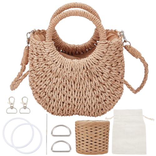 WEBEEDY DIY-Strohtaschen-Set DIY-Stroh-Umhängetasche Damen-Sommer-Strandtaschen-Herstellungsset Handgewebte Umhängetasche Clutch-Tasche Geldbörse Griff Oben Retro-Tasche Handtaschen Für Reisen, Sommer von WEBEEDY