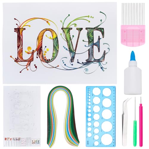 WEBEEDY DIY Valentinstag LIEBE Papier Quilling Kit für Erwachsene Anfänger Papier Quilling Making Kit mit Papier Quilling Strips Tools und Anleitung Wanddekoration (A4, 21x29,7 cm) von WEBEEDY