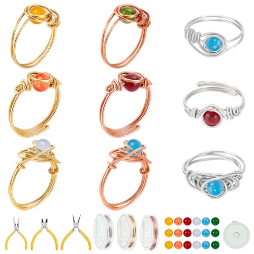 WEBEEDY Draht Umwickelter Chalcedon Ring Kit Zum Herstellen von 18 Ring Sets Inklusive Schmuckdraht Perlen DIY Draht Ring Set DIY Schmuckherstellung Valentinstag Jahrestag Hochzeitsgeschenk von WEBEEDY