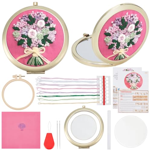 WEBEEDY Faltbares Spiegel-Set zum Selbermachen, Mini-Blumenstrauß, Make-up-Spiegel, Handarbeit für Anfänger, Handnähen, Kreuzstich-Set mit geprägtem Muster, Stoff, Stickrahmen, Faden, Frauenspiegel, von WEBEEDY