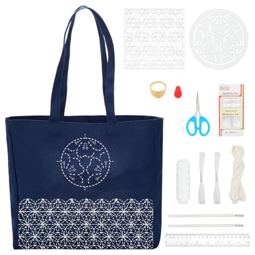 WEBEEDY Handtaschen Kit Zum Selbermachen Mit Sashiko Floral Vorlage Tasche Besticken Kit Sashiko Muster Starterset Mit Anleitungen Für Anfänger Handwerksnähset 34x31x12cm von WEBEEDY