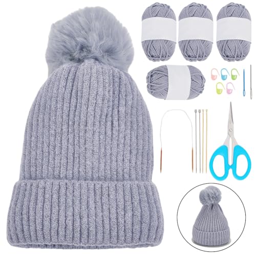 WEBEEDY Hut Strickset DIY Strickset Mit Schritt Für Schritt Anleitung Bambus Und Metallstricknadel Set Mit Baumwollgarn Für Anfänger Im Stricken Und Häkeln Für Erwachsene (Grau) von WEBEEDY