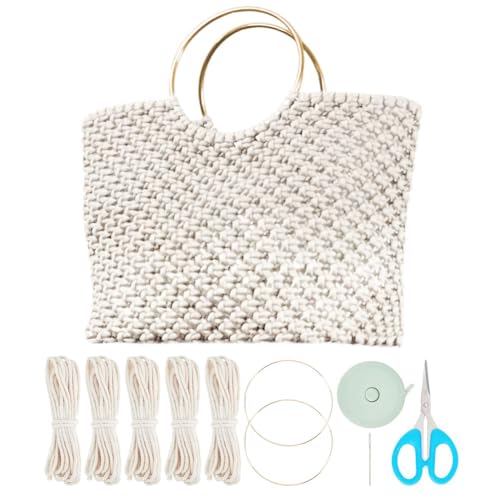 WEBEEDY Macrame Taschen Kits DIY Handgemachtes Makramee Taschen Kit Mit Griff Baumwollseil Und Anleitung Bohemian Taschenbastelset Für Erwachsene Anfänger Mit Video Tutorial (Beige,35x40cm) von WEBEEDY