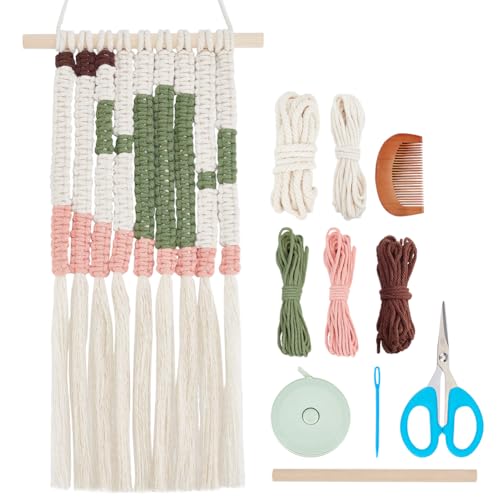 WEBEEDY Makramee-Set Für Anfänger DIY-Makramee-Wandbehang Bastelset 20x60cm Boho-Kaktus-Makramee-Tapisserie-Wanddekoration DIY-Makramee-Kordel-Set Mit Baumwollschnur Holzstab Und Andere Materialien von WEBEEDY