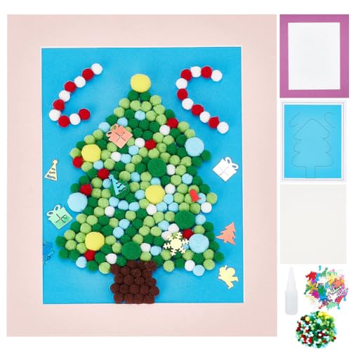 WEBEEDY Pom Pom Bastelset Weihnachtsbaum-Malerei,Bunte Pompons zum Basteln, Inklusive Buntem Pompon-Puffball, Fotorahmen, Strichzeichnung Mit Anleitung von WEBEEDY