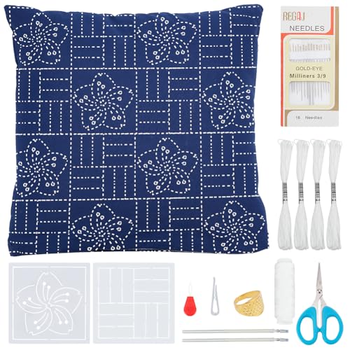 WEBEEDY Sashiko Kissenbezug Vorlagen Set DIY Sashiko Muster Kissenbezug Stickset Japanisches Stickerei Set Mit Anleitung Für Anfänger Zuhause Kissenbezug Nähset Geschenk 40x40cm von WEBEEDY