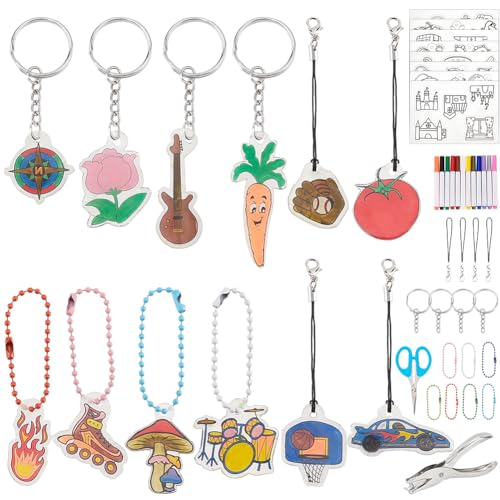 WEBEEDY Shrinky Art Kit Home Theme Schrumpfpapier Schlüsselbund Kit, 30 Sets Machen Sie Ihren eigenen Schlüsselbund mit Häusern Schlösser Früchte Surfbrett Raumfahrer Themen Schrumpfpapierbögen von WEBEEDY