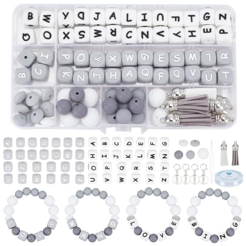 WEBEEDY Silikon-Buchstaben-Armbänder Schlüsselanhänger-Perlen-Herstellungsset 7 Stile 90 Stück Silikon-Abstandsperlen, Kleine Quadratische Buchstaben-Alphabet-Perlen Für Armbänder, Halsketten von WEBEEDY