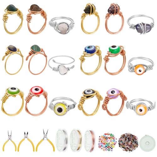 WEBEEDY Wire Wrapped Ring Making Kit DIY Evil Eye Ring-Perlen, Schmuck Zange, Draht, Maßband für Erwachsene und Anfänger Jahrestag Hochzeit Geschenke zu machen 18 Sets einzigartige Ring, 6 Style von WEBEEDY