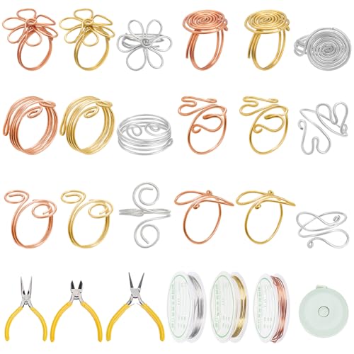 WEBEEDY Wire Wrapped Ring Making Kit Zum Herstellen von 45 Sets Draht Ringen Drahtgewickelte Kristallringe Für Erwachsene Enthält 3 Farben Schmuckdraht Sortierte Perlen Anweisung 6-Stile von WEBEEDY