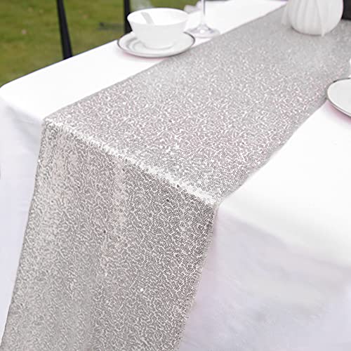 Tischl?Ufer Glitzer rund Pailletten Stoff f¨¹r Hochzeit Geburtstag Party Babypartys Tischdecke Dekoration 30 x 270 cm (Silber 4er Pack) von WEBGGER