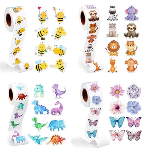 WEDAMOO 2000 Stück Animal Sticker Rolle, Cartoon Tiere Belohnungsaufkleber Selbstklebend, Niedlich Biene Aufkleber, Schmetterlings Blumen Aufkleber für Scrapbooking, Umschläge(4 Rolle) von WEDAMOO