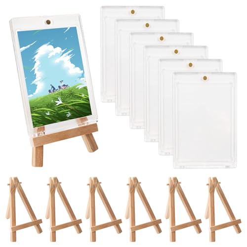 WEDAMOO 6 Stück Magnetic Card Holder, 35PT Magnetischer Kartenhalter Set mit Mini Staffelei Holz, 35PT Transparent Karten Rahmen für Pokemon, Magic, Sportkarten, Baseball, Fußball von WEDAMOO