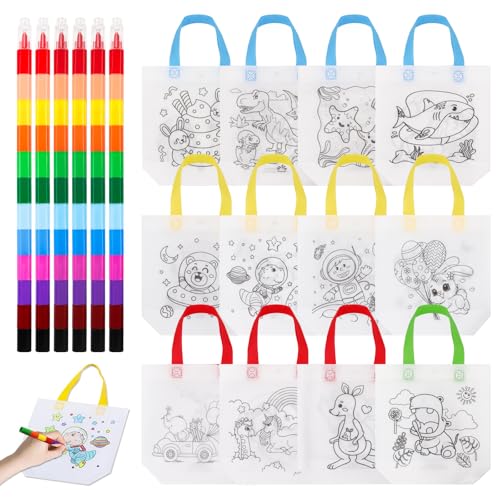 WEDAMOO Taschen zum Bemalen für Kinder, 12 Stück DIY Graffiti Non-Woven Stoffbeutel zum Bemalen und 6 Stück Stapelbare Wachsmalstifte (12 Farben in 1) für DIY Kindergeburtstag Gastgeschenke von WEDAMOO