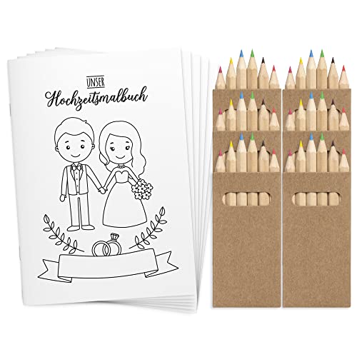 WEDDING SHOP love grows 6 Stück DINA6 Hochzeitsmalbuch mit Buntstifte-Set / 24-seitiges Malbuch zur Hochzeit für Kinder Gastgeschenk Mitgebsel von WEDDING SHOP love grows