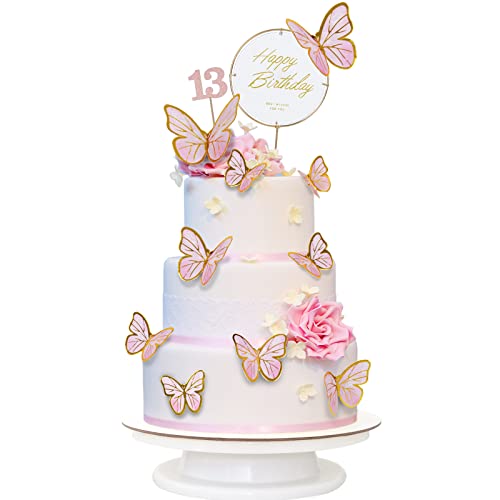 WEDNOK 12 Stück Schmetterling Tortendeko 13 Geburtstag kuchendeko Mädchen Dreidimensionale Schmetterlinge Kuchendekoration Roségold Geburtstagstorte Deko Butterfly Cake Topper für 13 Geburtstagsfeier von WEDNOK