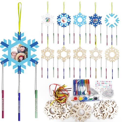 WEDNOK 12 Stück Schneeflocke Windspiel Bastelset Schneekristall Basteln Kinder Holz Bilderrahmen Bastelhandwerk zum Bemalen Eiskristalle Kreativsets für Mädchen Junge Weihnachten Winter von WEDNOK