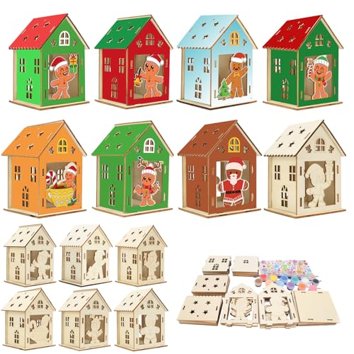 WEDNOK 14 Sets Lebkuchenhaus Bastelset Kinder Lebkuchenmann Holz Bausatz 3D Weihnachten Kreativsets Holzbausatz Basteln DIY Holzbastelset zum Bemalen für Jungen Mädchen Weihnachten von WEDNOK