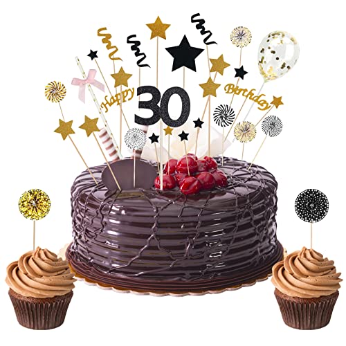 WEDNOK 30 Geburtstag Tortendeko Schwarz Gold Cake Topper 30 Kuchendeko 30.Geburstagstorte Deko Happy 30th Birthday Tortendeko mit Herz Stern Kuchenaufsatz für Frau Mann von WEDNOK