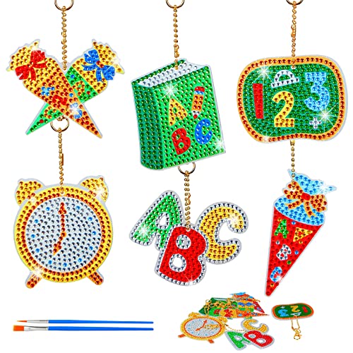 WEDNOK 6 Stück Einschulung Diamond Painting Kinder Schulanfang 5D Diamant Malerei Anhänger Schulbeginn Basteln Kinder Schlüsselanhänger Bastelset für Schulkind Schultaschen Schuleinführung von WEDNOK