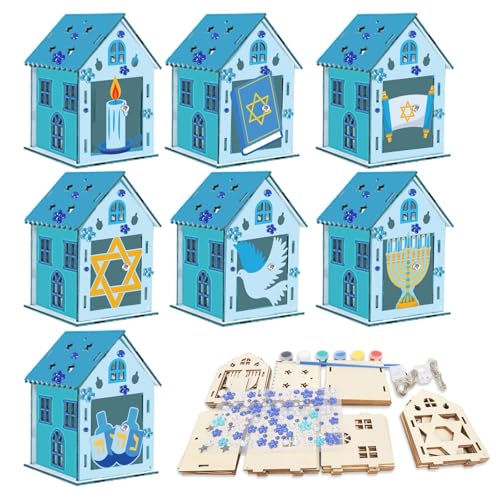 WEDNOK 7 Sets Chanukka Haus Bastelset Kinder Hanukkah Bausatz Holz Menorah Holzbausatz zum Bemalen Kreativsets mit Menorah Hexagramm Dreidel für Jüdisches Judentum Chanukka von WEDNOK