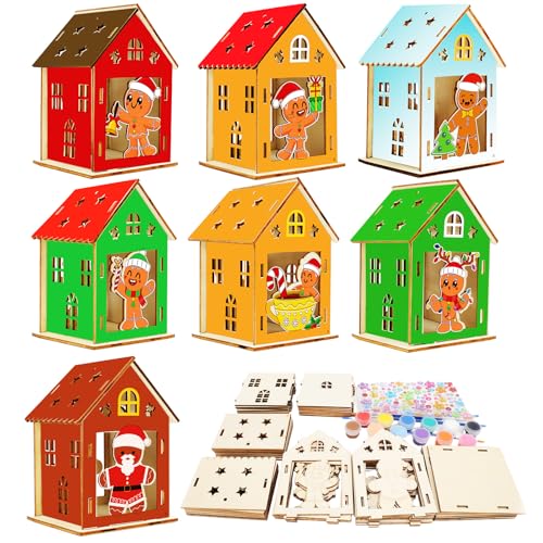 WEDNOK 7 Sets Lebkuchenhaus Bastelset Kinder Lebkuchenmann Holz Bausatz 3D Weihnachten Kreativsets Holzbausatz Basteln DIY Holzbastelset zum Bemalen für Jungen Mädchen Weihnachten von WEDNOK