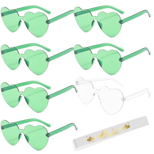 WEDNOK 10 Stück JGA Sonnenbrille Set Team Braut Brille Grün Herz Partybrille Jungesellinnenabschied Accessoires mit Braut Schärpe für Frauen von WEDNOK