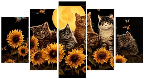 5D Diamond Art Painting 5-teiliger Diamant Painting Bilder Sonnenblume Katze Diamond Painting Kinder Erwachsene Bastelset DIY Voll Set Diamond Painting Zubehor, für Home Décor Mädchen 100x60cm E-10324 von WEEPEF