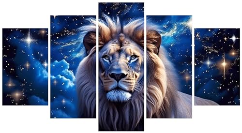 5D Diamond Painting 5 Teilig Groß XXL Löwe Sternennacht Diamant Painting Bilder Erwachsene 200x120cm DIY Voll Eckige Diamond Art Painting, Diamant Malerei Stickerei Kreuzstich Home Wand Dekor E-9341 von WEEPEF