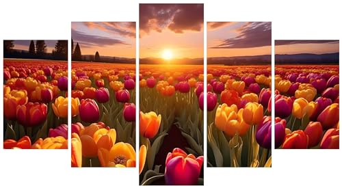 5D Diamond Painting 5 Teilig Groß XXL Sonnenuntergang Tulpe Diamant Painting Bilder Erwachsene 150x90cm DIY Voll Round Diamond Art Painting, Diamant Malerei Stickerei Kreuzstich Home Wand Dekor E-6326 von WEEPEF