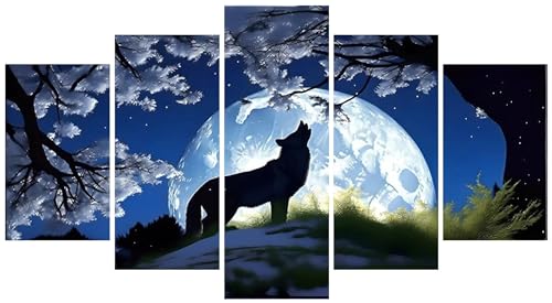 5D Diamond Painting 5 Teilig Groß XXL Wolf Mond Diamant Painting Bilder Erwachsene 125x75cm DIY Voll Eckige Diamond Art Painting Set, Diamant Malerei Stickerei Kreuzstich Home Wand Dekor E-5012 von WEEPEF