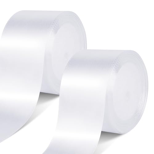 2 Rollen Schleifenband Breit, 50 mm x 22 m Geschenkband Weiss, Geschenkband Stoff Breit Satin Schleifenband Weiss, Schleifenband Weiß für Geschenkverpackungen, Kuchendekoration, Einladungsdekoration von WEFINEST