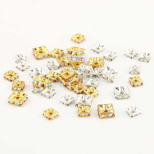 50 Stück 6mm 8mm Quadratische Kristall Strass Rondelle Spacer Perlen Gold versilbert für Schmuckherstellung DIY Armband Halskette von WEIDU