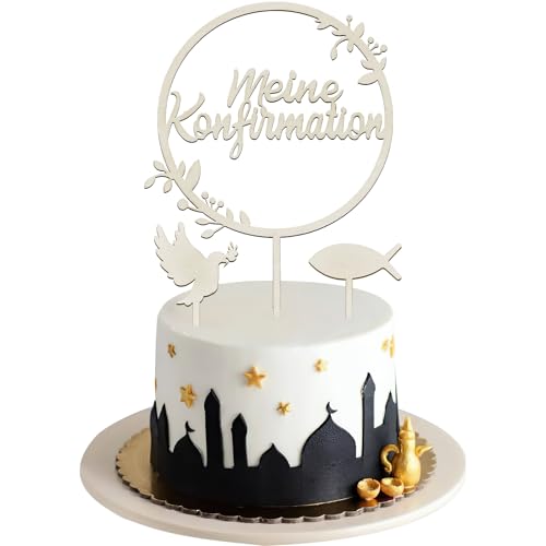 3 Stück Cake Topper Taufe, Kommunion Torten Topper Taufe Holz, Taufe Tortendeko Konfirmation Kuchendeko, Kuchen Deko Taube Fisch Tortendekoration Firmung, Kuchen Topper Taufe für Junge Mädchen von WEINIBAO